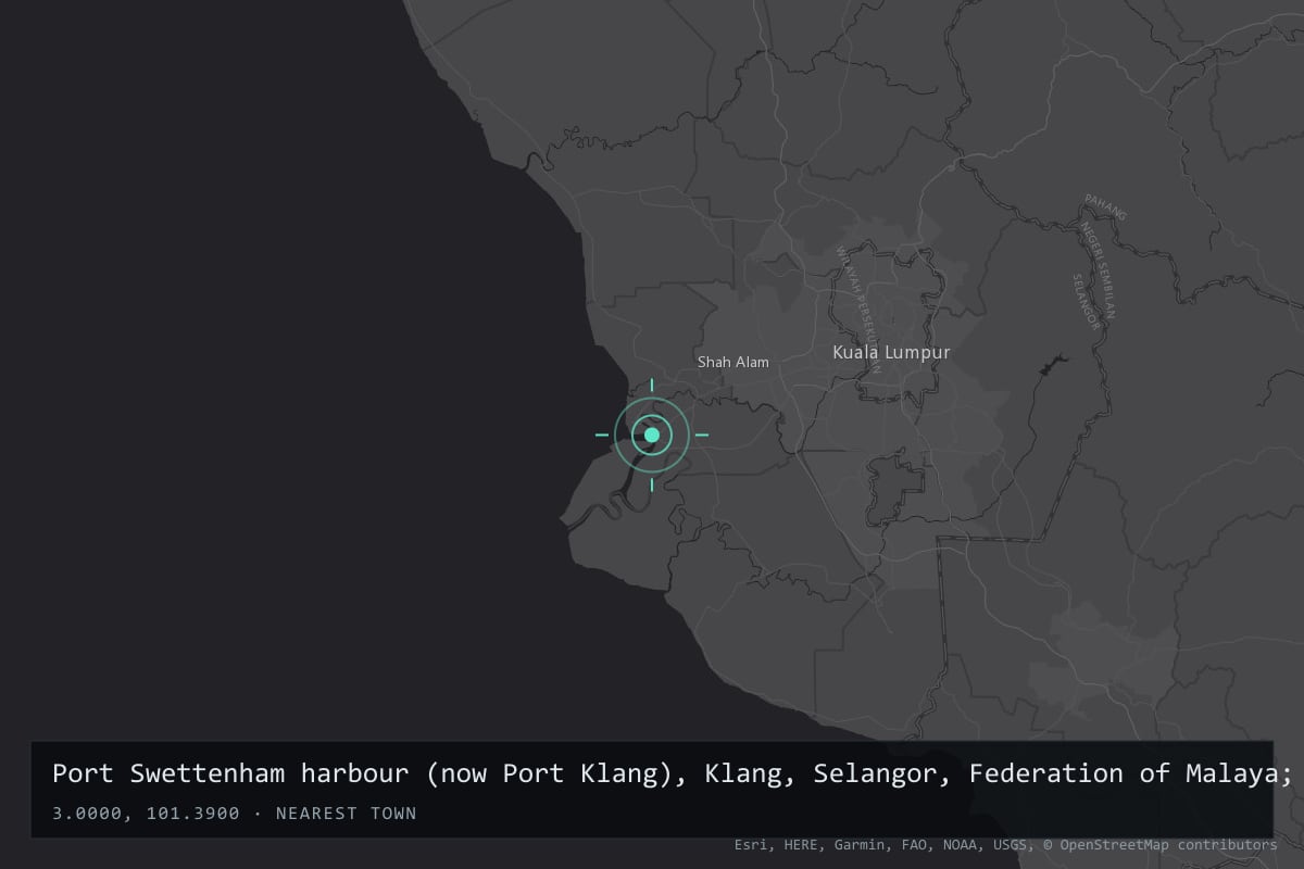 Where it happened: Port Swettenham harbour (now Port Klang), Klang, Selangor, Federation of Malaya; second sighting also over Cheras, Malaysia