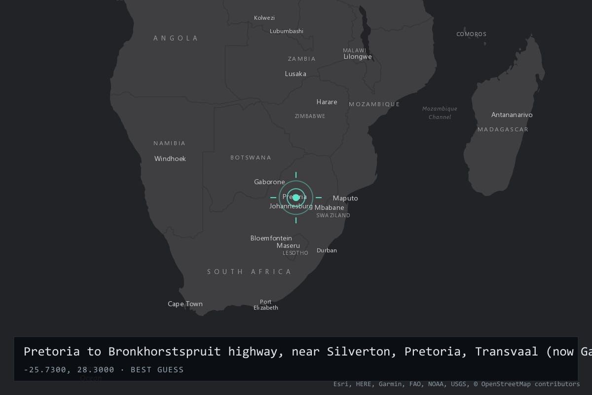 Where it happened: Pretoria to Bronkhorstspruit highway, near Silverton, Pretoria, Transvaal (now Gauteng), South Africa