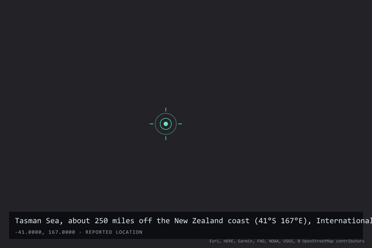 Where it happened: Tasman Sea, about 250 miles off the New Zealand coast (41°S 167°E), International waters