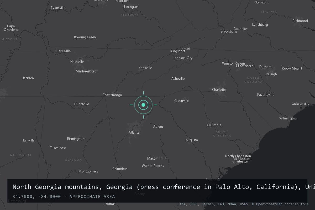 Where it happened: North Georgia mountains, Georgia (press conference in Palo Alto, California), United States