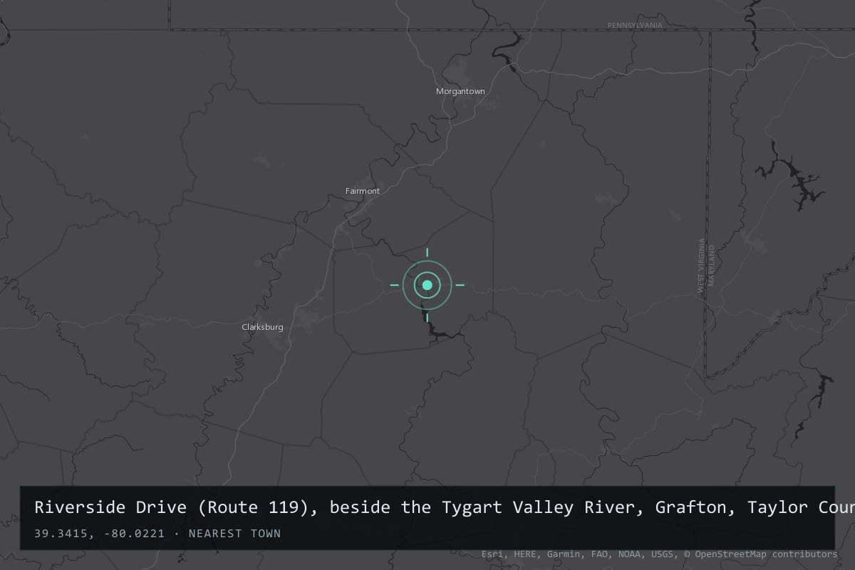 Where it happened: Riverside Drive (Route 119), beside the Tygart Valley River, Grafton, Taylor County, West Virginia, United States