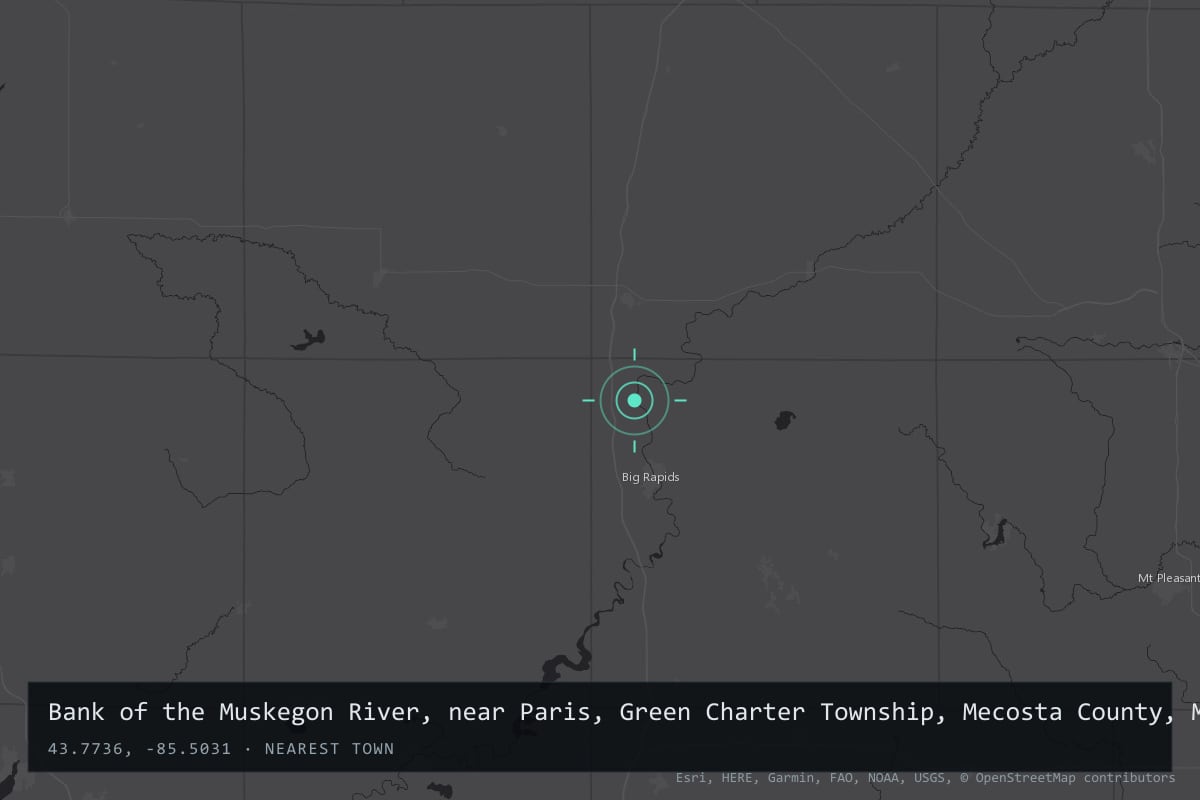 Where it happened: Bank of the Muskegon River, near Paris, Green Charter Township, Mecosta County, Michigan, United States