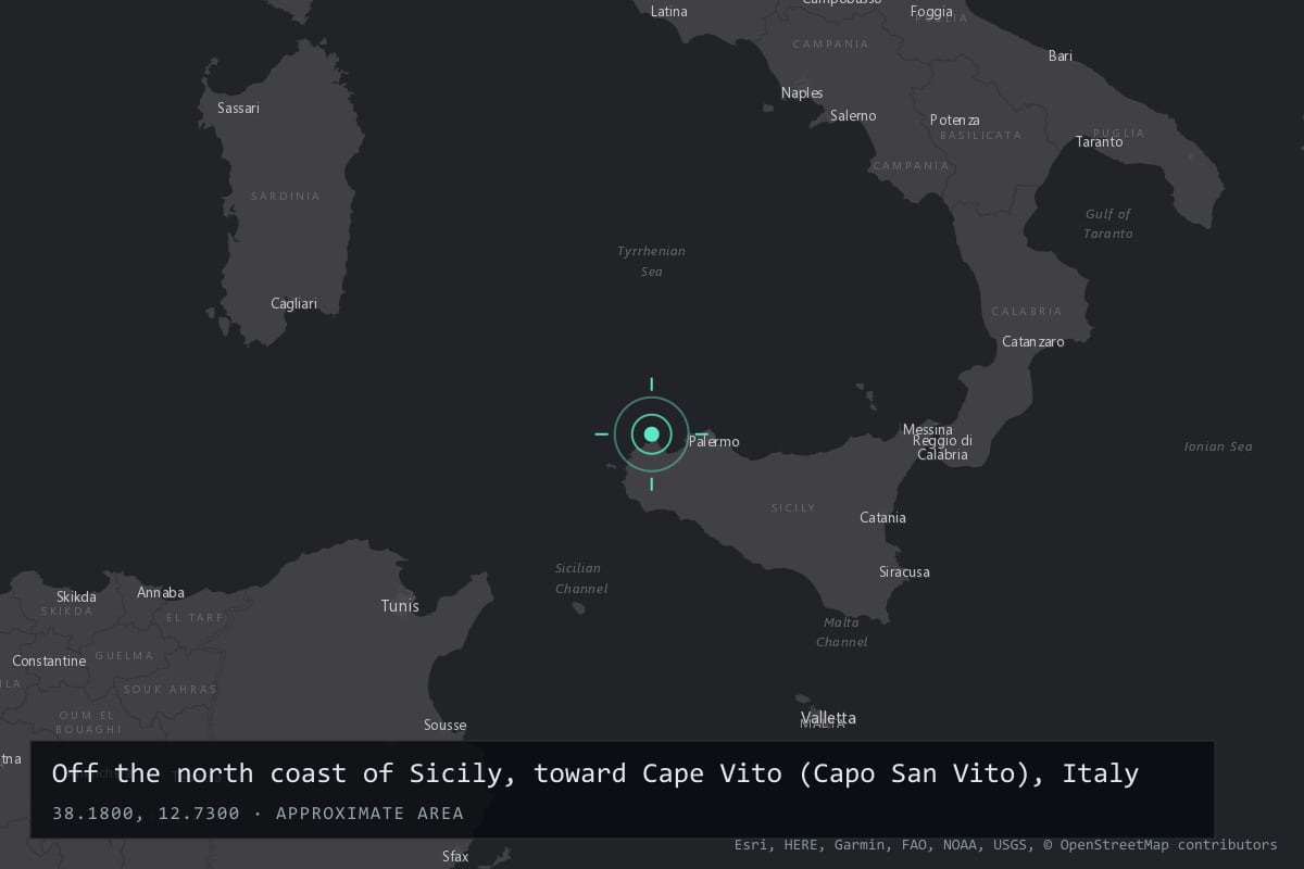 Where it happened: Off the north coast of Sicily, toward Cape Vito (Capo San Vito), Italy