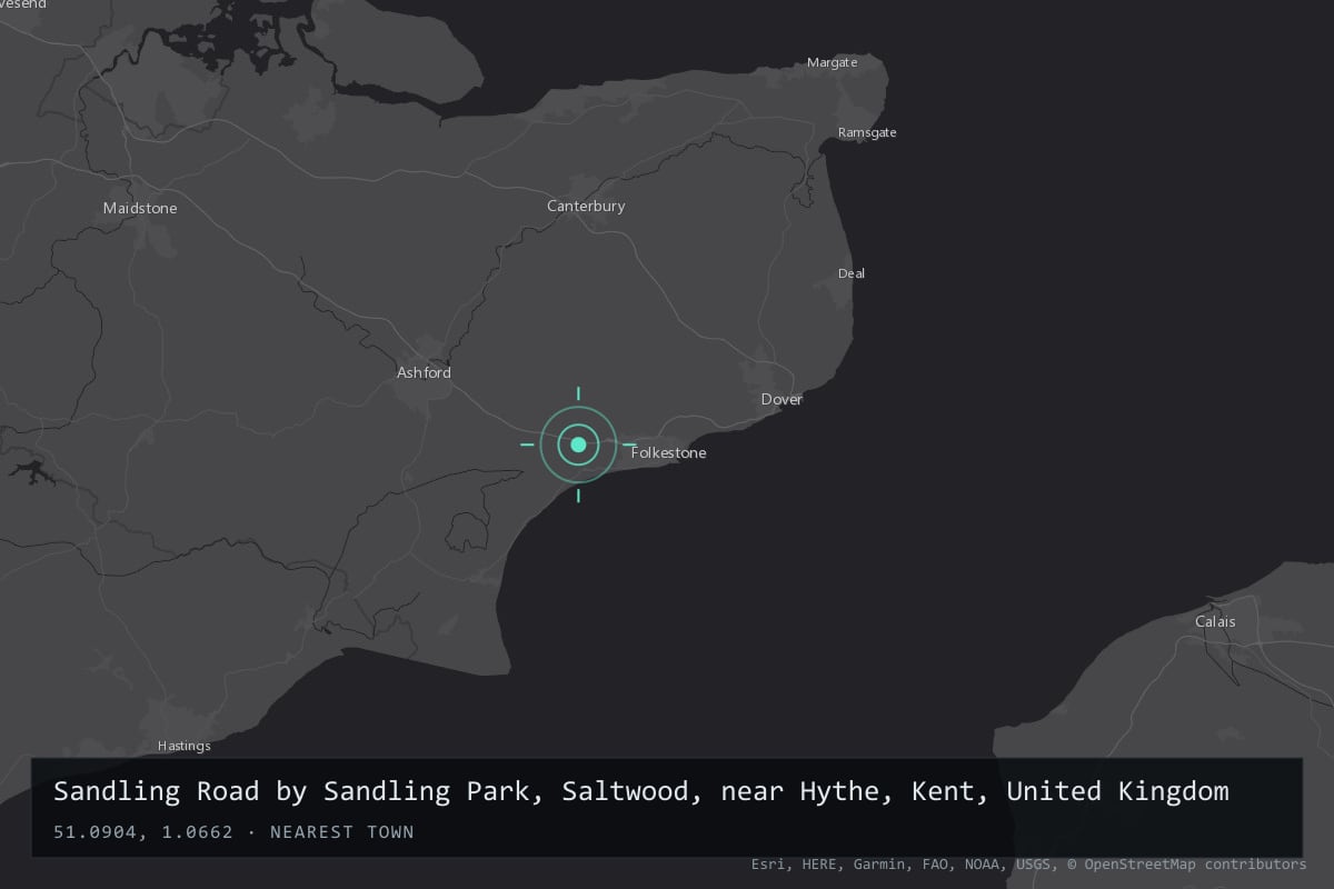 Where it happened: Sandling Road by Sandling Park, Saltwood, near Hythe, Kent, United Kingdom