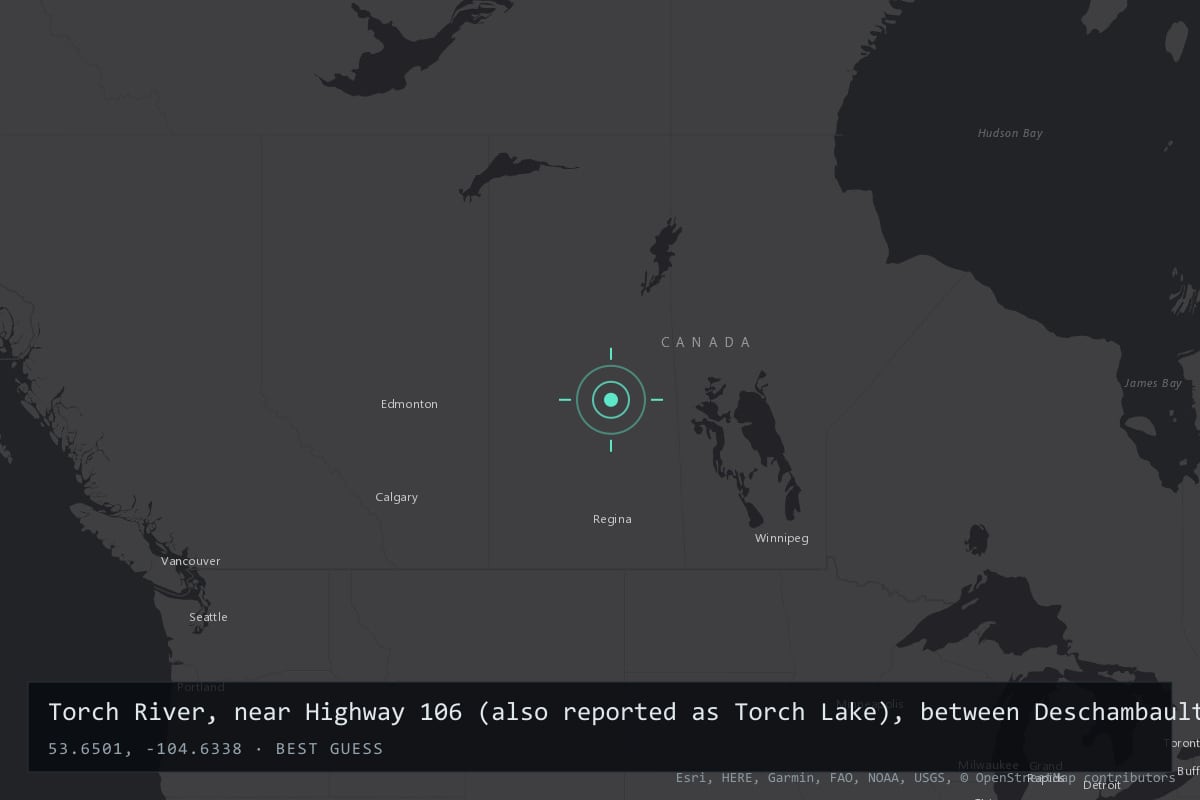 Where it happened: Torch River, near Highway 106 (also reported as Torch Lake), between Deschambault Lake and Prince Albert, Saskatchewan, Canada