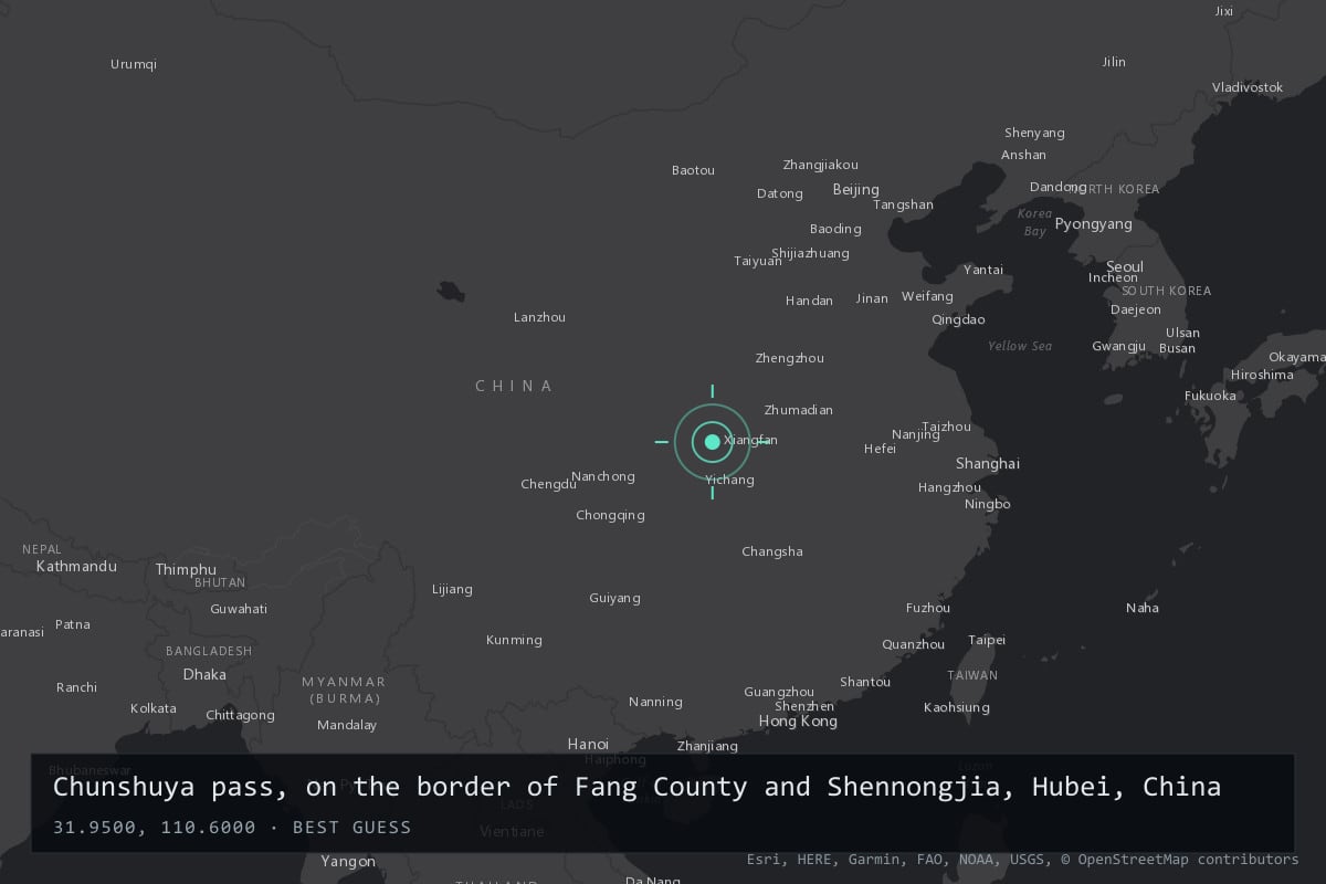 Approximate location: Chunshuya pass, on the border of Fang County and Shennongjia, Hubei, China