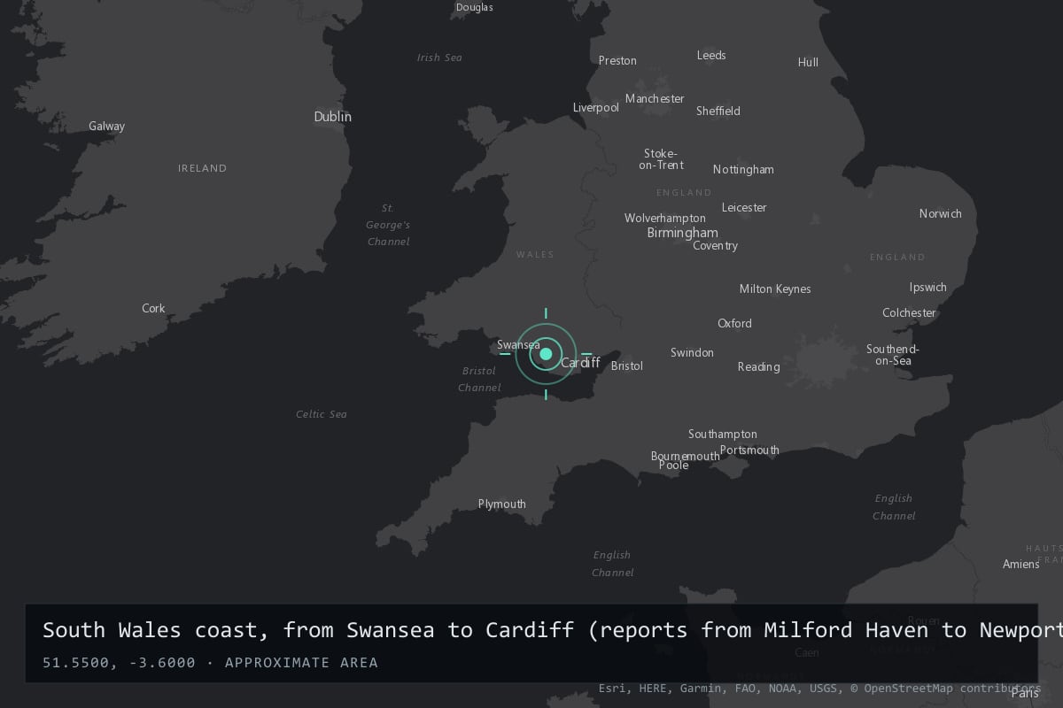 Where it happened: South Wales coast, from Swansea to Cardiff (reports from Milford Haven to Newport), United Kingdom