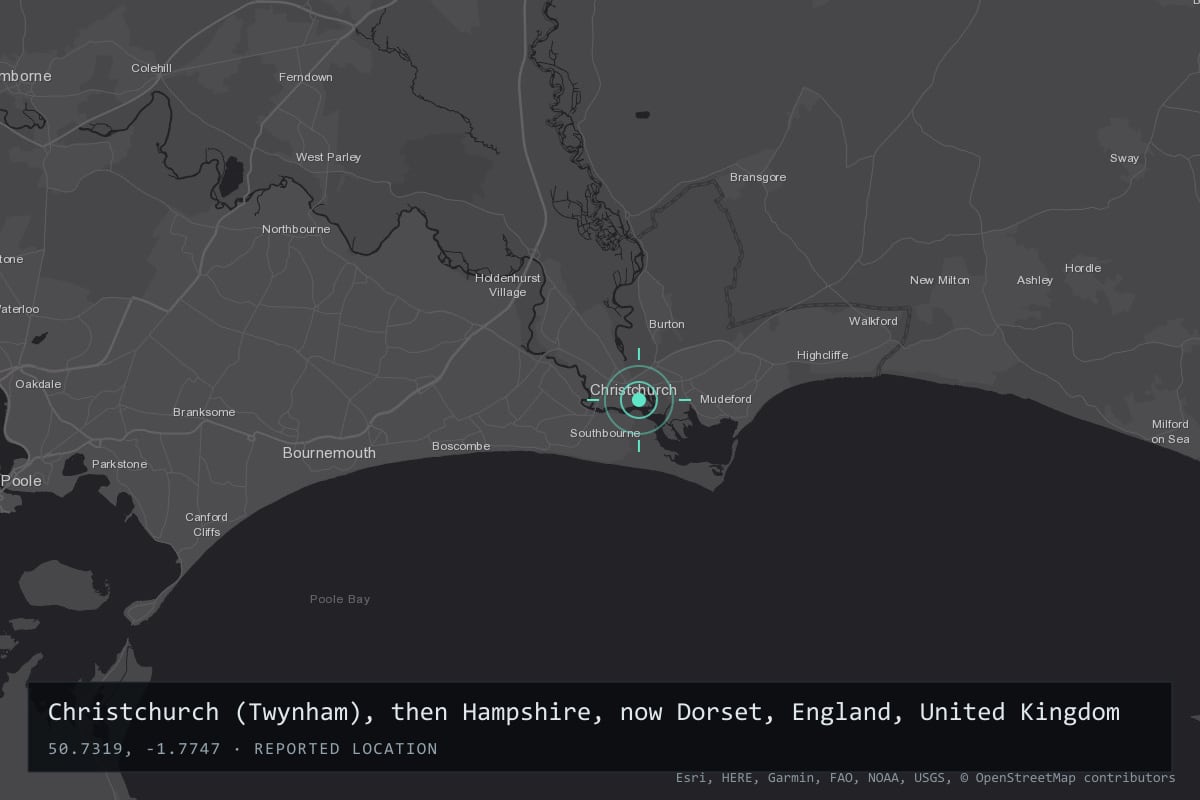 Where it happened: Christchurch (Twynham), then Hampshire, now Dorset, England, United Kingdom
