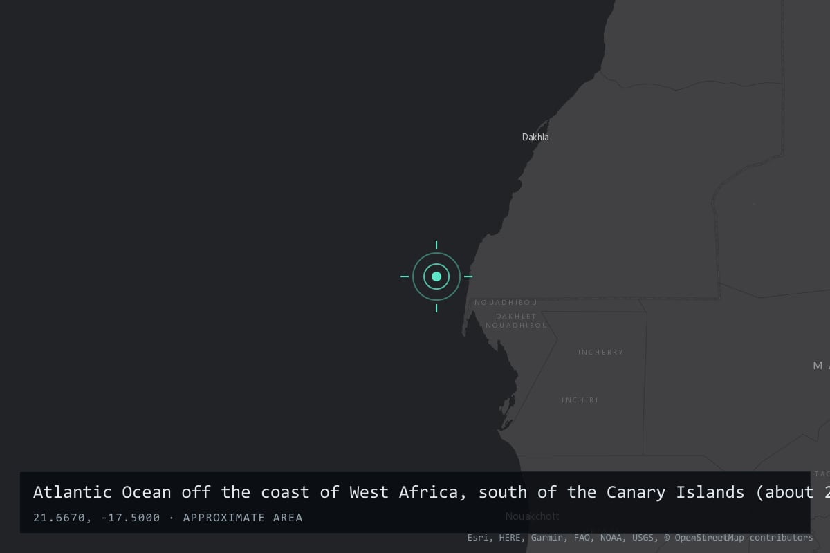 Where it happened: Atlantic Ocean off the coast of West Africa, south of the Canary Islands (about 21°40′N, 17°30′W), International waters