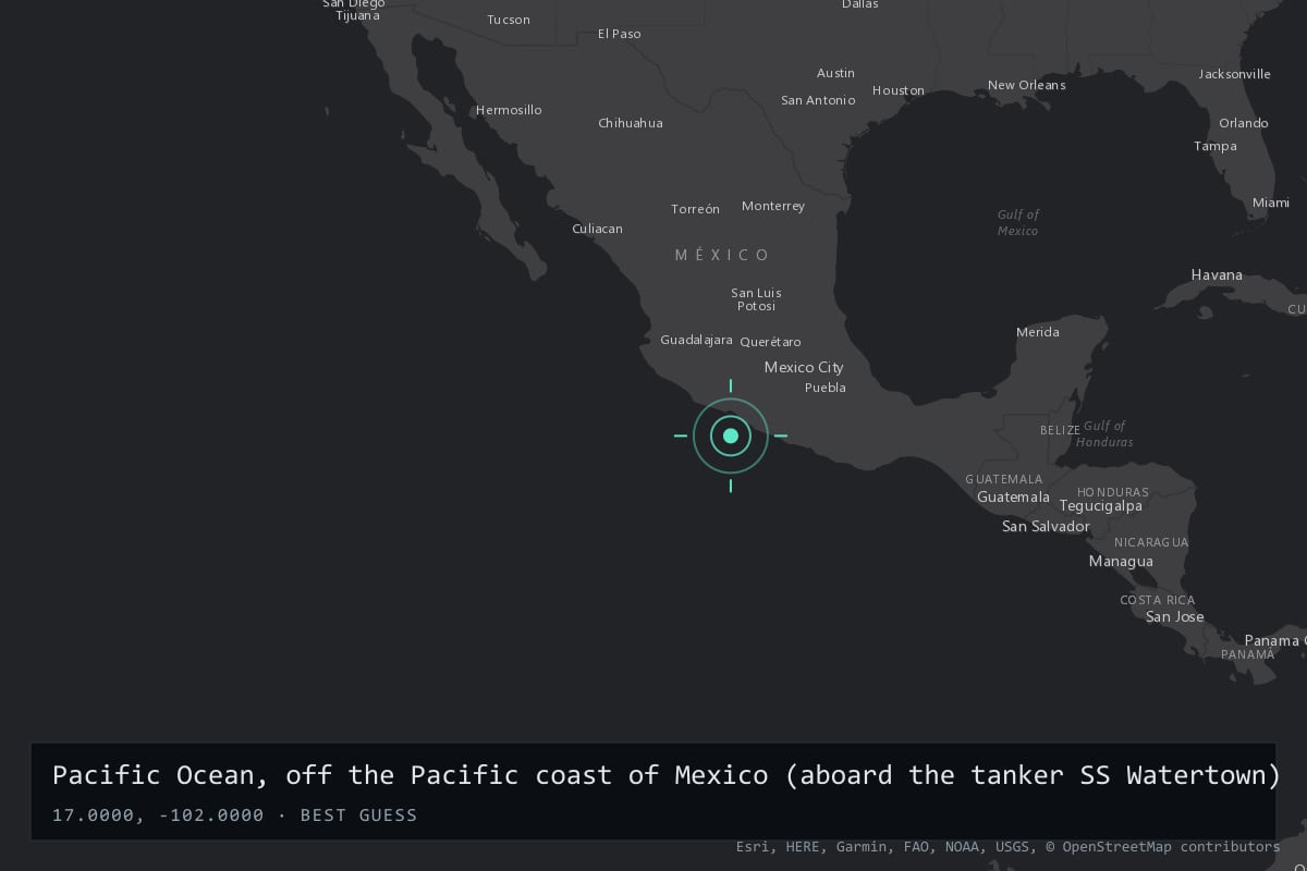 Where it happened: Pacific Ocean, off the Pacific coast of Mexico (aboard the tanker SS Watertown)