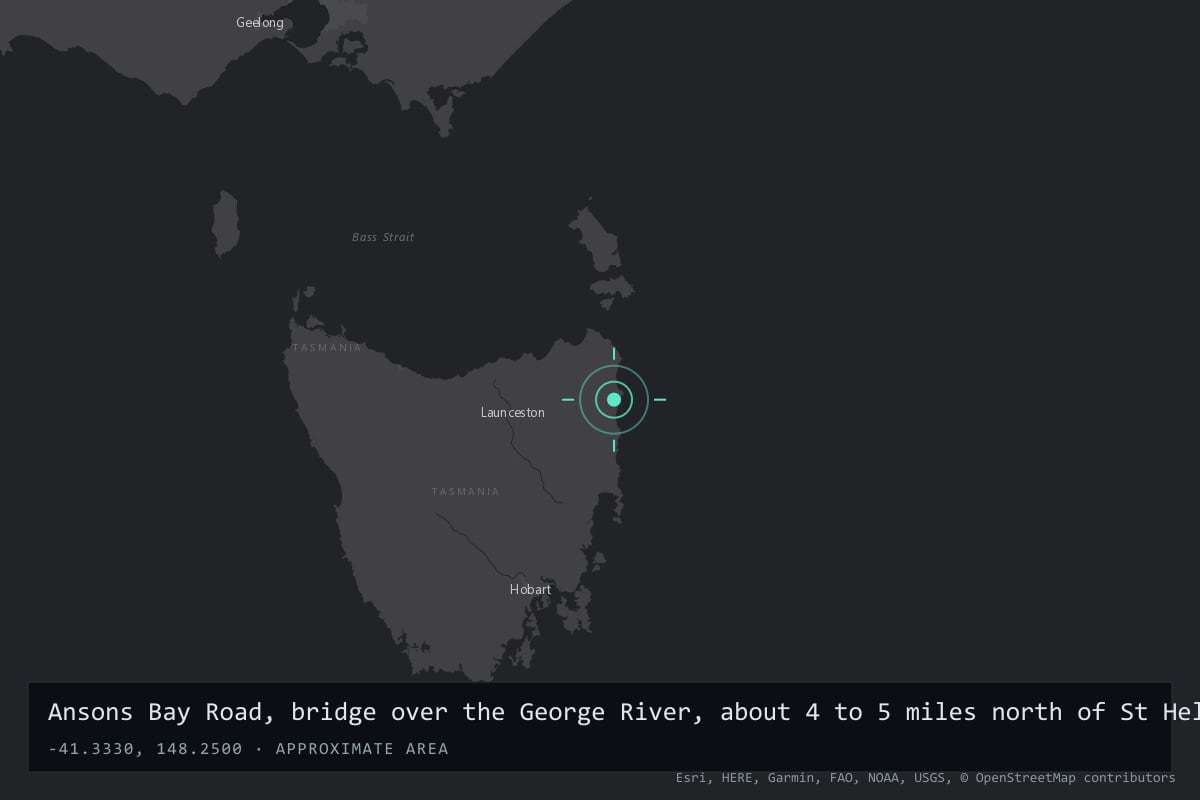 Where it happened: Ansons Bay Road, bridge over the George River, about 4 to 5 miles north of St Helens, Tasmania, Australia