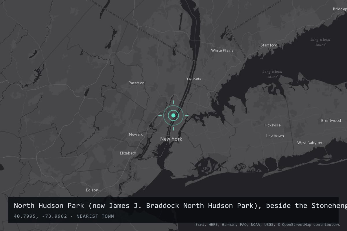 Where it happened: North Hudson Park (now James J. Braddock North Hudson Park), beside the Stonehenge apartment tower, North Bergen, New Jersey, United States