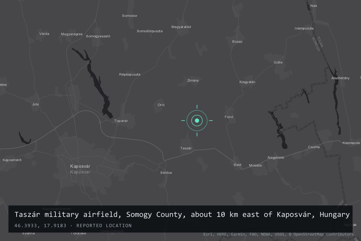 Where it happened: Taszár military airfield, Somogy County, about 10 km east of Kaposvár, Hungary