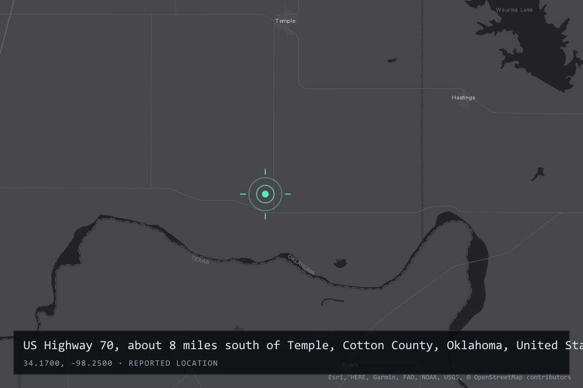 Where it happened: US Highway 70, about 8 miles south of Temple, Cotton County, Oklahoma, United States