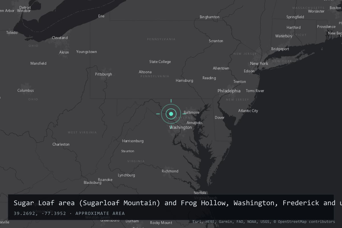 Where it happened: Sugar Loaf area (Sugarloaf Mountain) and Frog Hollow, Washington, Frederick and upper Montgomery counties, Maryland, United States