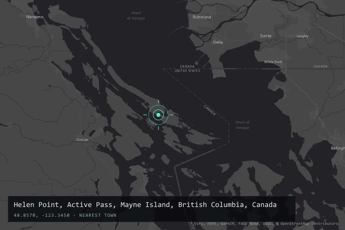 Where it happened: Helen Point, Active Pass, Mayne Island, British Columbia, Canada