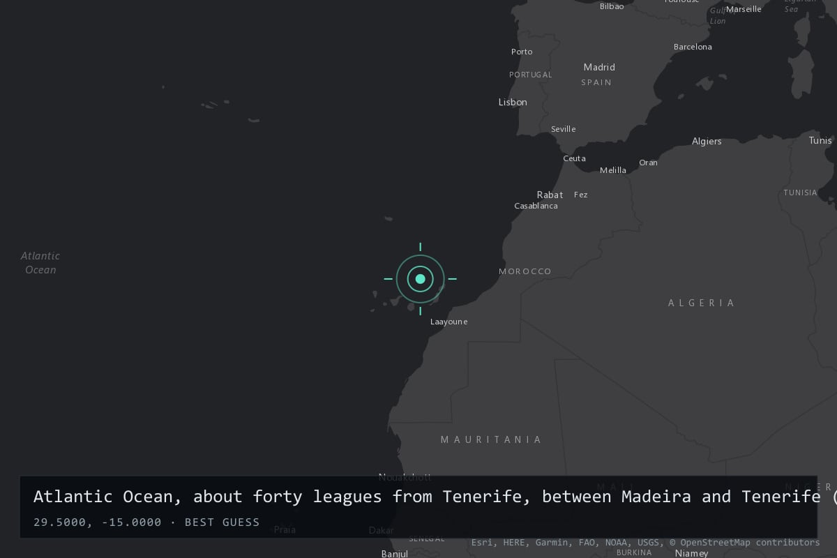 Where it happened: Atlantic Ocean, about forty leagues from Tenerife, between Madeira and Tenerife (Canary Islands), International waters (off the Canary Islands, Spain)