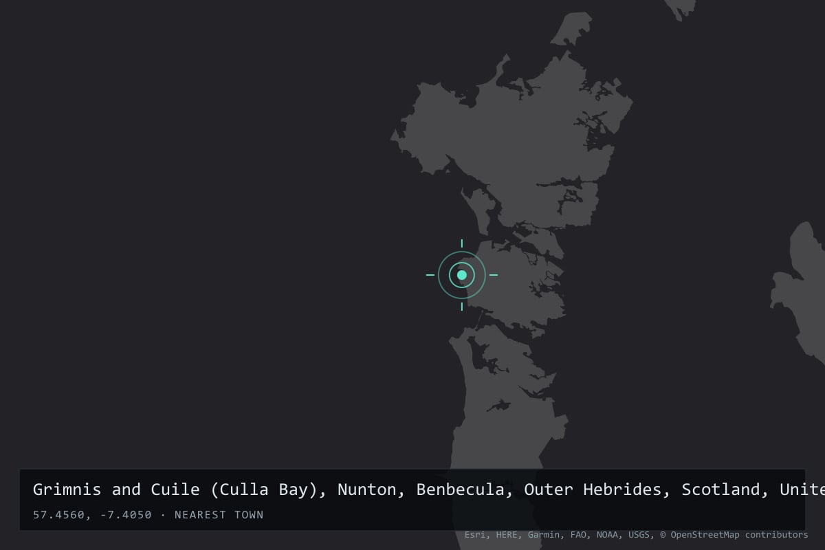 Where it happened: Grimnis and Cuile (Culla Bay), Nunton, Benbecula, Outer Hebrides, Scotland, United Kingdom