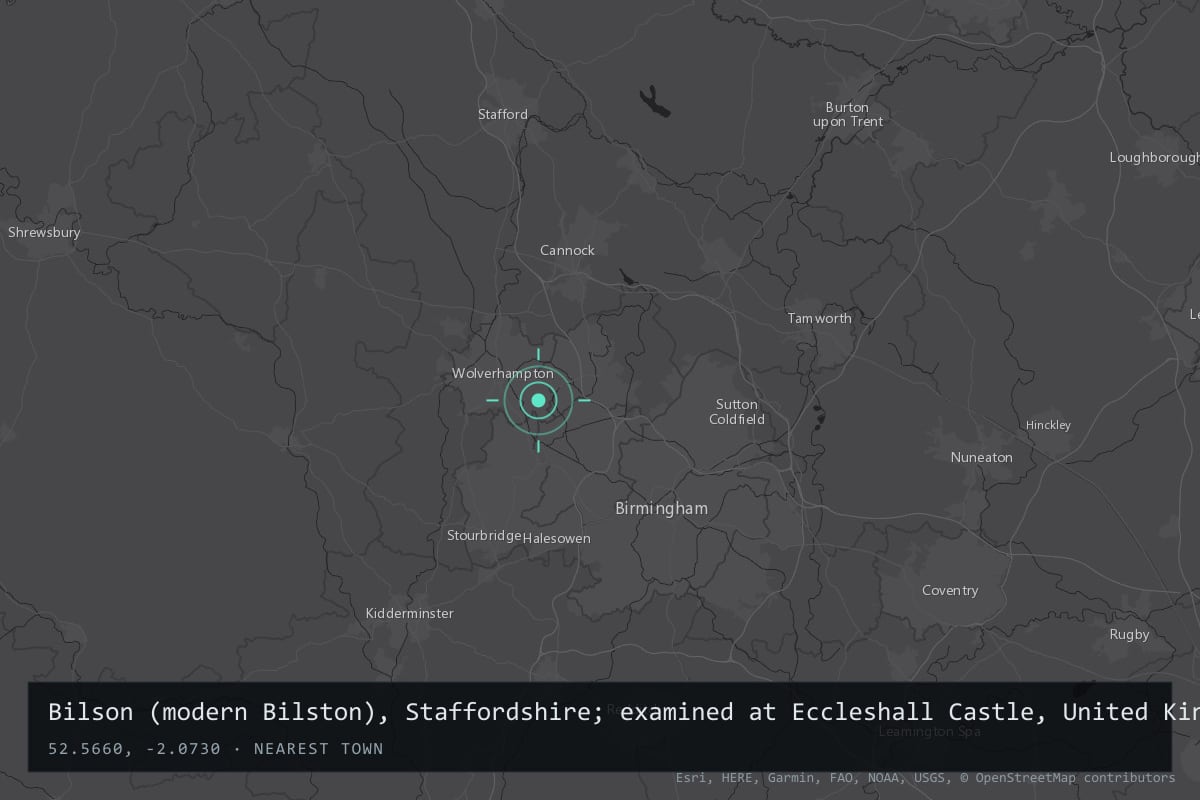 Where it happened: Bilson (modern Bilston), Staffordshire; examined at Eccleshall Castle, United Kingdom