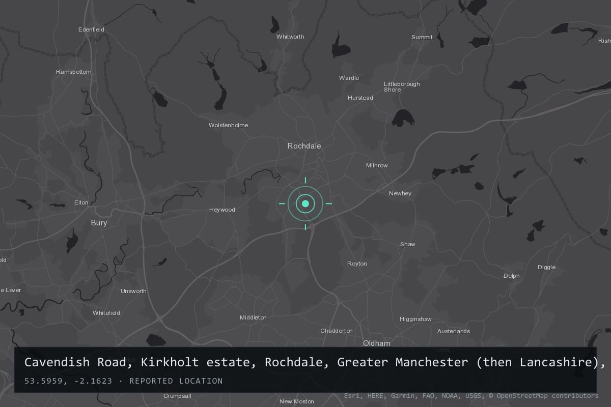 Where it happened: Cavendish Road, Kirkholt estate, Rochdale, Greater Manchester (then Lancashire), United Kingdom