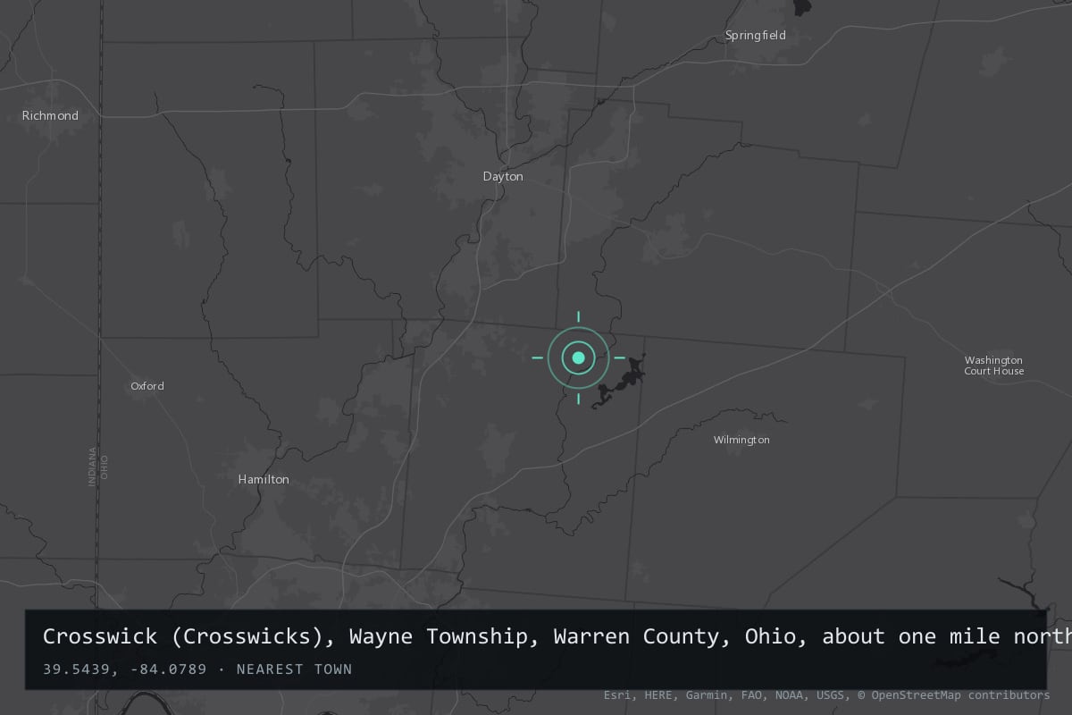 Where it happened: Crosswick (Crosswicks), Wayne Township, Warren County, Ohio, about one mile north of Waynesville, United States