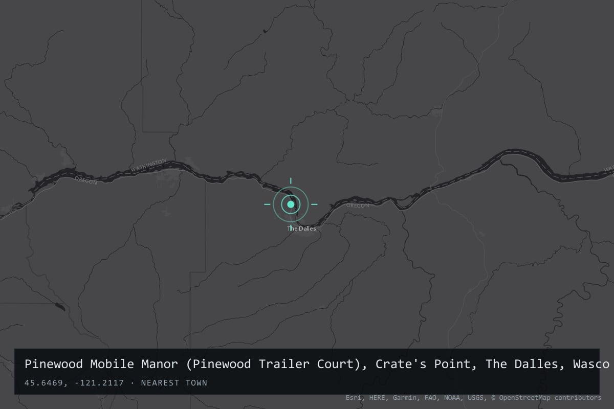 Where it happened: Pinewood Mobile Manor (Pinewood Trailer Court), Crate's Point, The Dalles, Wasco County, Oregon, United States