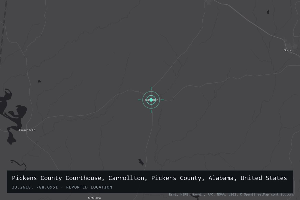 Where it happened: Pickens County Courthouse, Carrollton, Pickens County, Alabama, United States
