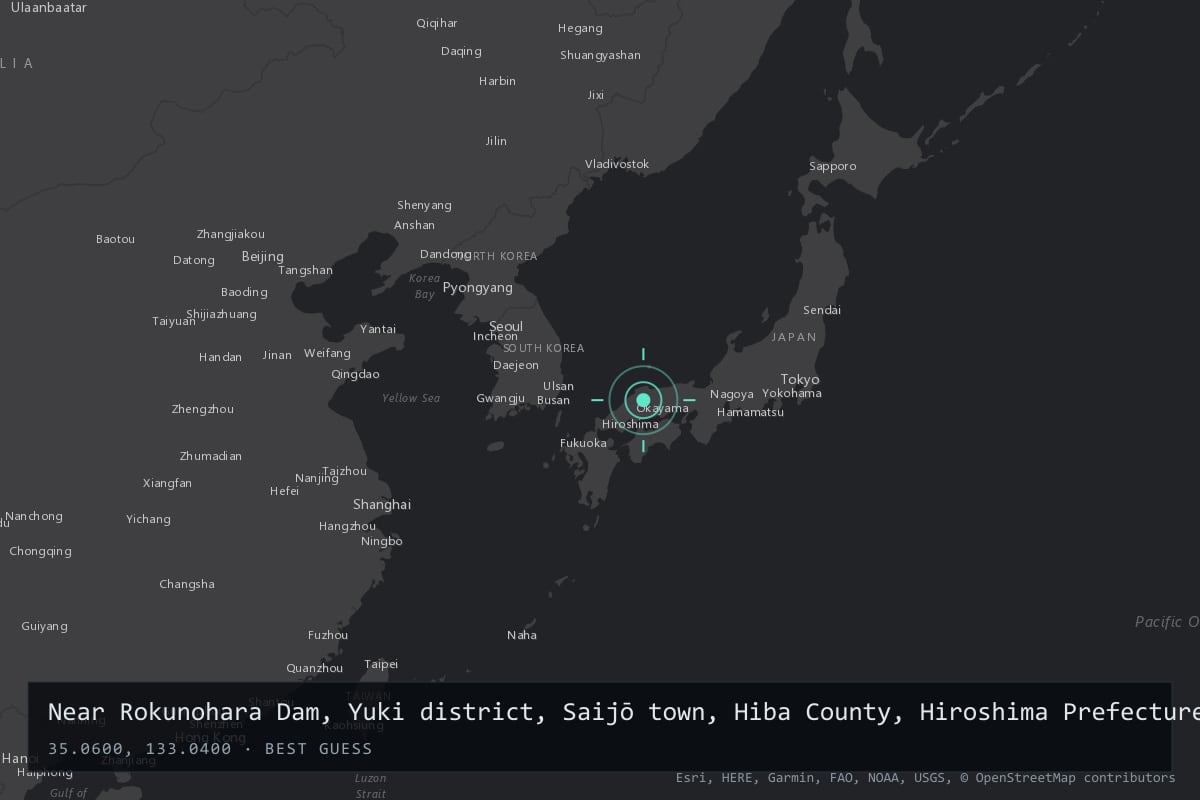 Where it happened: Near Rokunohara Dam, Yuki district, Saijō town, Hiba County, Hiroshima Prefecture (now Shōbara City), Japan