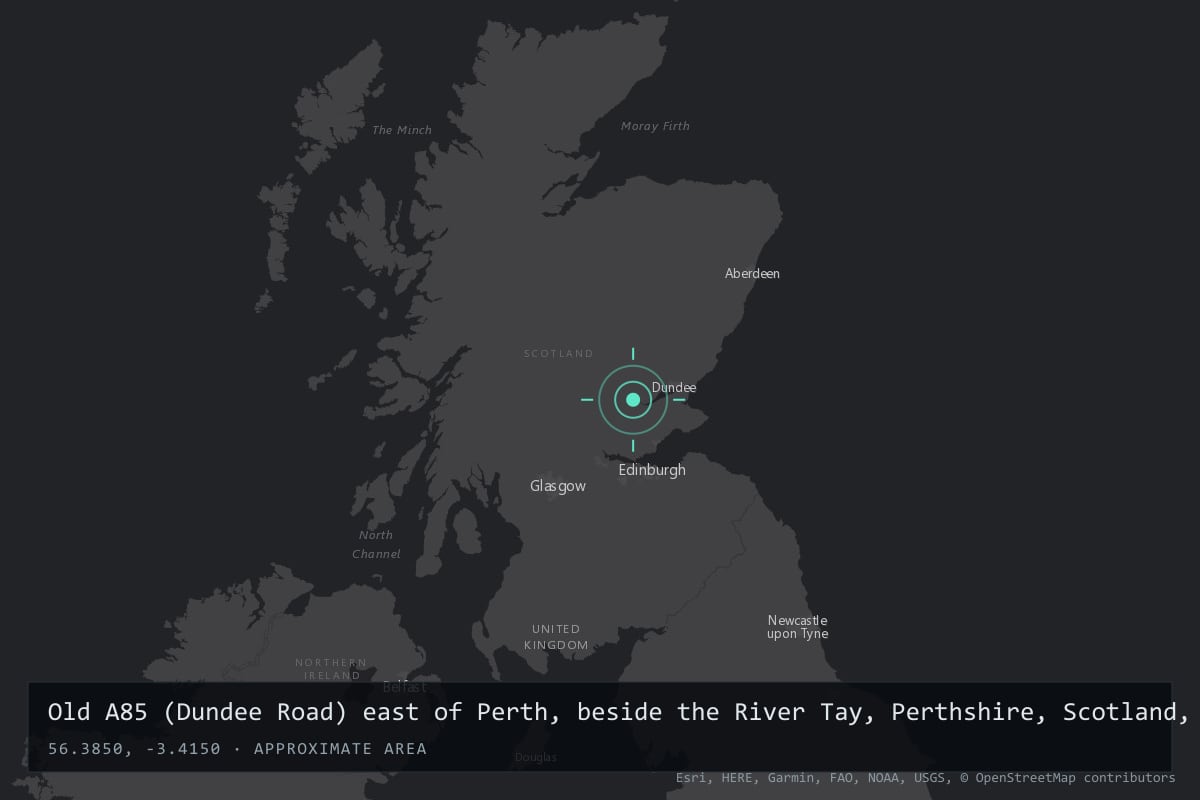 Where it happened: Old A85 (Dundee Road) east of Perth, beside the River Tay, Perthshire, Scotland, United Kingdom