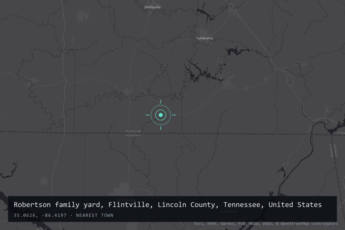 Where it happened: Robertson family yard, Flintville, Lincoln County, Tennessee, United States