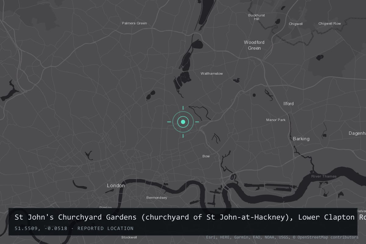 Where it happened: St John's Churchyard Gardens (churchyard of St John-at-Hackney), Lower Clapton Road / Mare Street, Hackney, London, United Kingdom