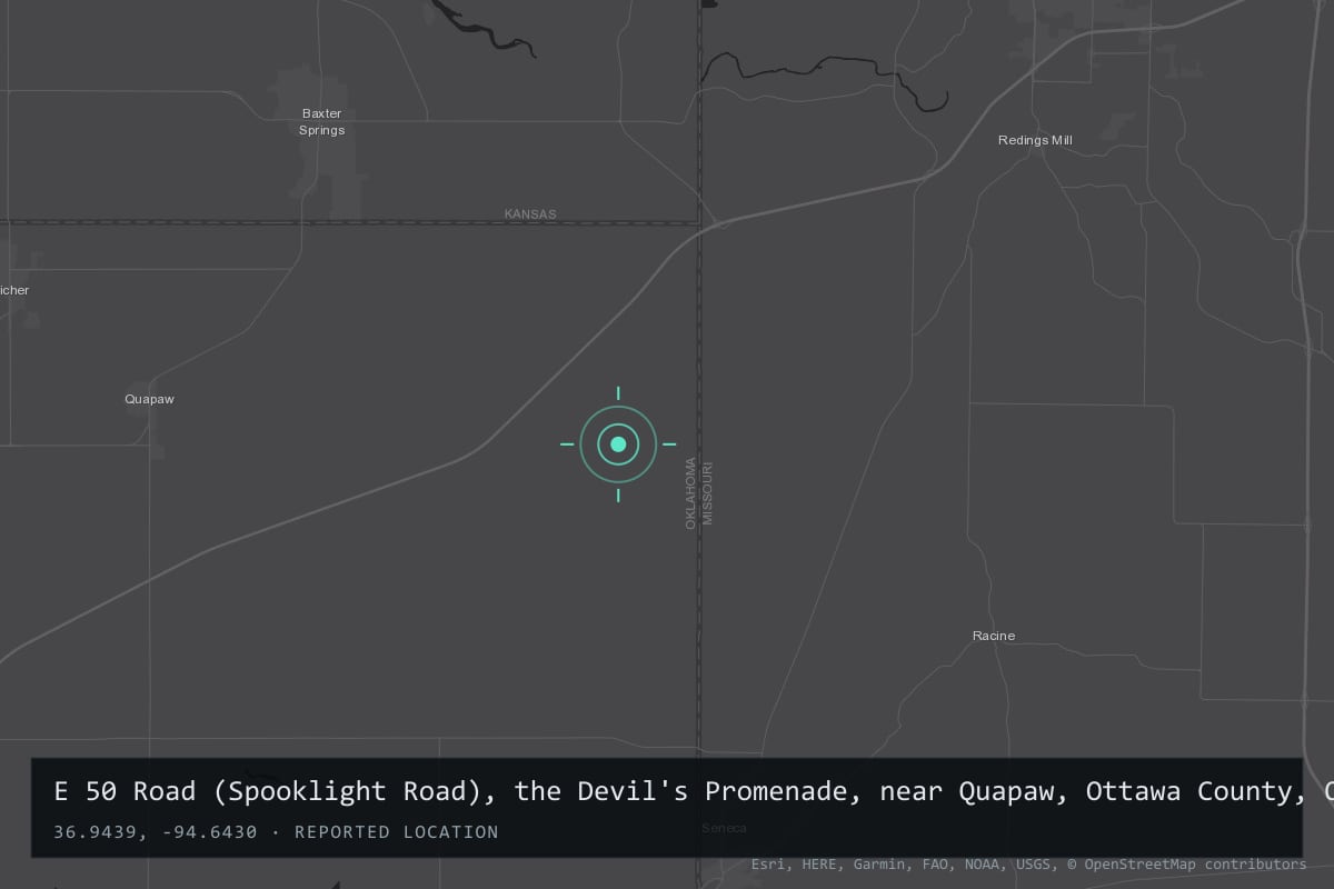 Where it happened: E 50 Road (Spooklight Road), the Devil's Promenade, near Quapaw, Ottawa County, Oklahoma, west of Hornet, Missouri, United States