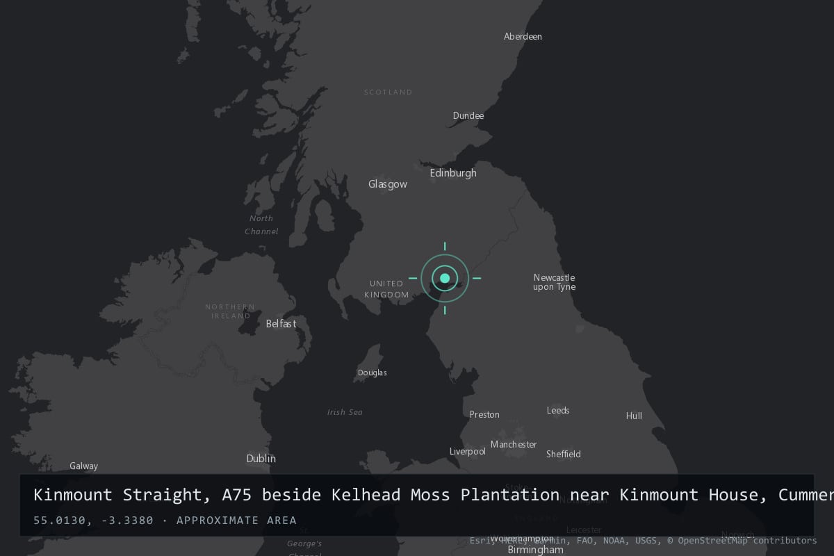 Where it happened: Kinmount Straight, A75 beside Kelhead Moss Plantation near Kinmount House, Cummertrees parish, Dumfriesshire, Scotland, United Kingdom