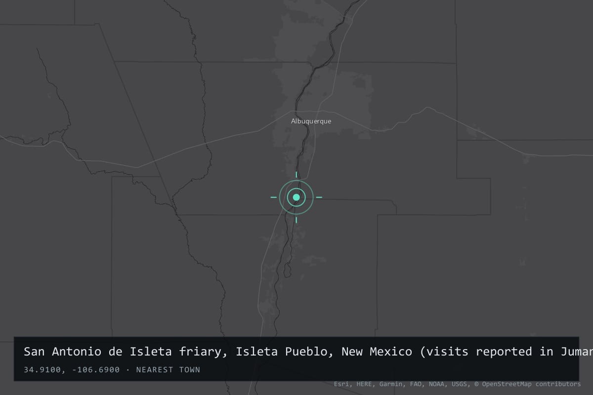 Where it happened: San Antonio de Isleta friary, Isleta Pueblo, New Mexico (visits reported in Jumano country to the east), United States