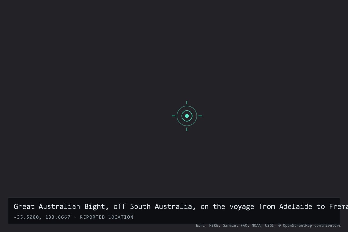Where it happened: Great Australian Bight, off South Australia, on the voyage from Adelaide to Fremantle (35°30′S 133°40′E), Australia