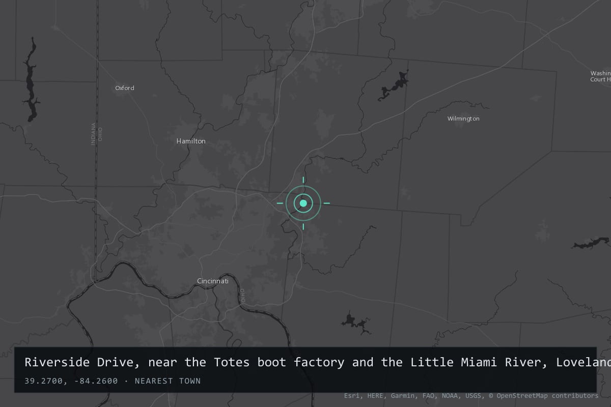 Where it happened: Riverside Drive, near the Totes boot factory and the Little Miami River, Loveland, Ohio, United States
