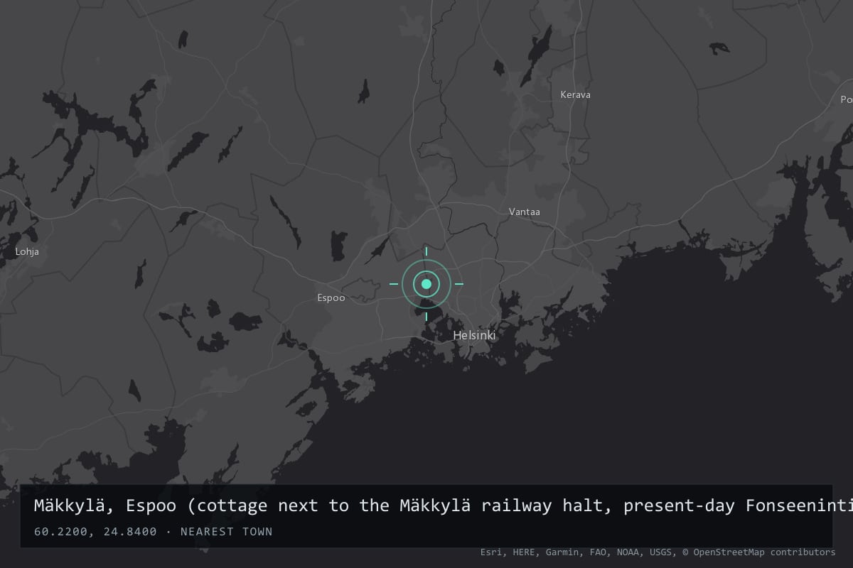Where it happened: Mäkkylä, Espoo (cottage next to the Mäkkylä railway halt, present-day Fonseenintie), Finland