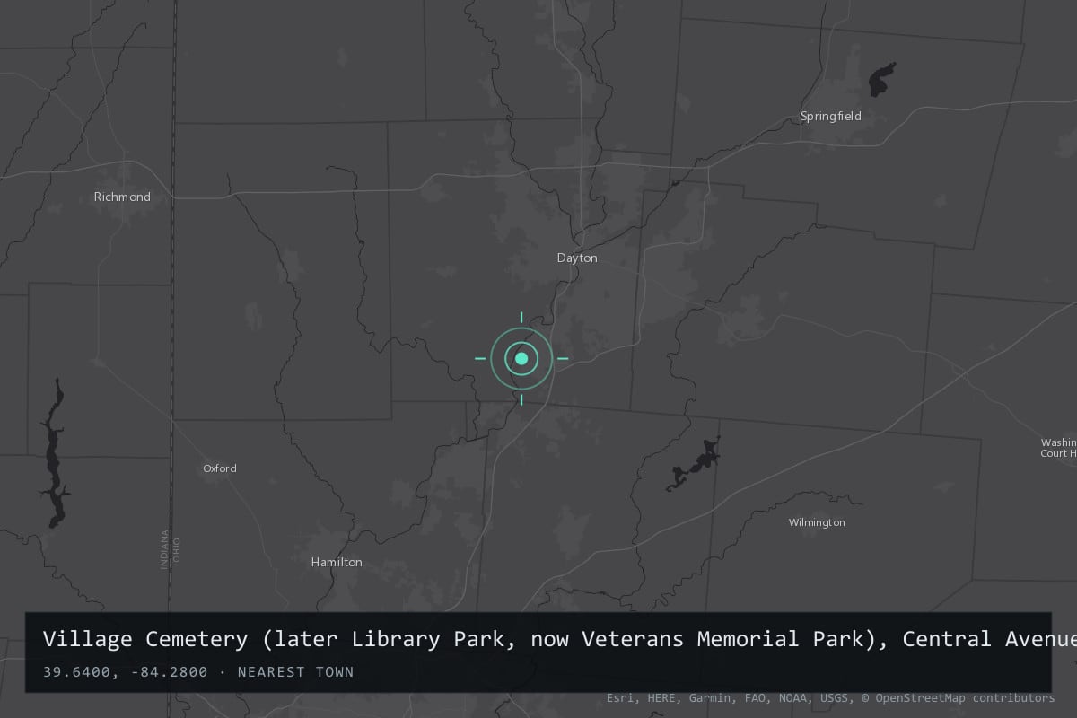 Where it happened: Village Cemetery (later Library Park, now Veterans Memorial Park), Central Avenue and Fifth Street, Miamisburg, Ohio, United States