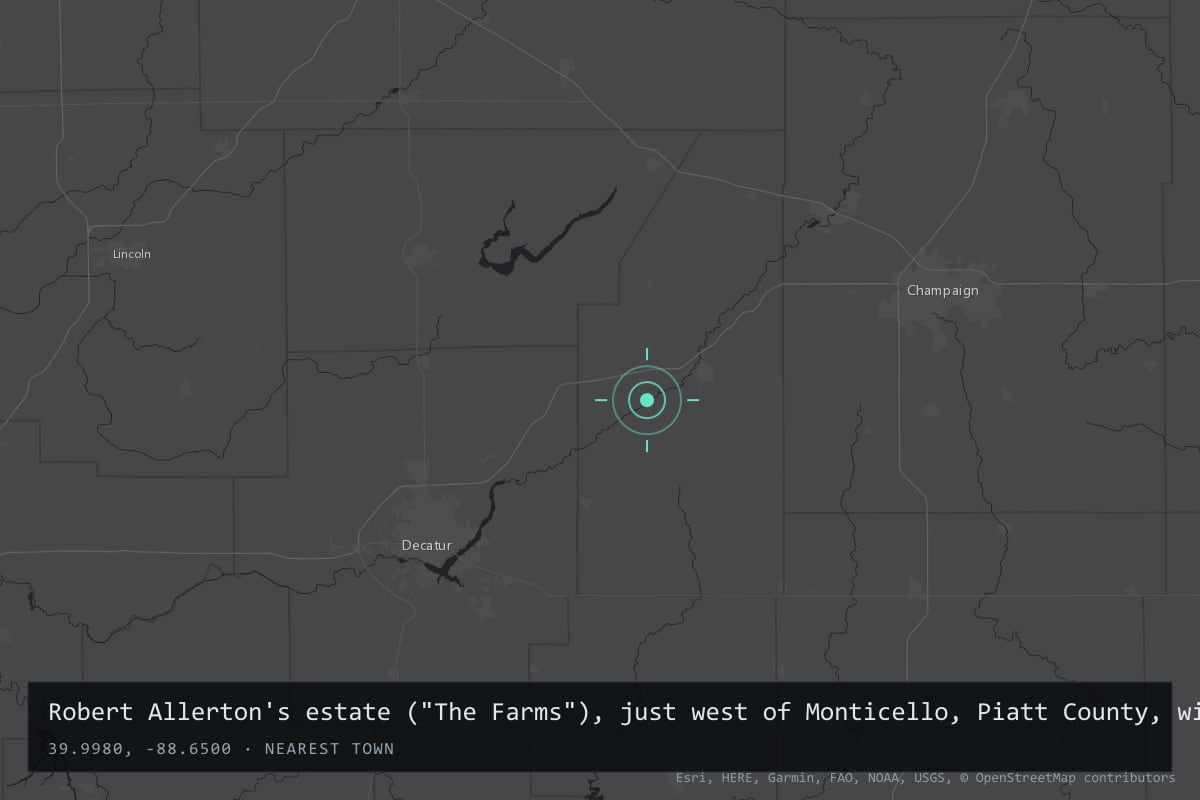 Where it happened: Robert Allerton's estate ("The Farms"), just west of Monticello, Piatt County, with later sightings around Decatur, Macon County, Illinois, United States