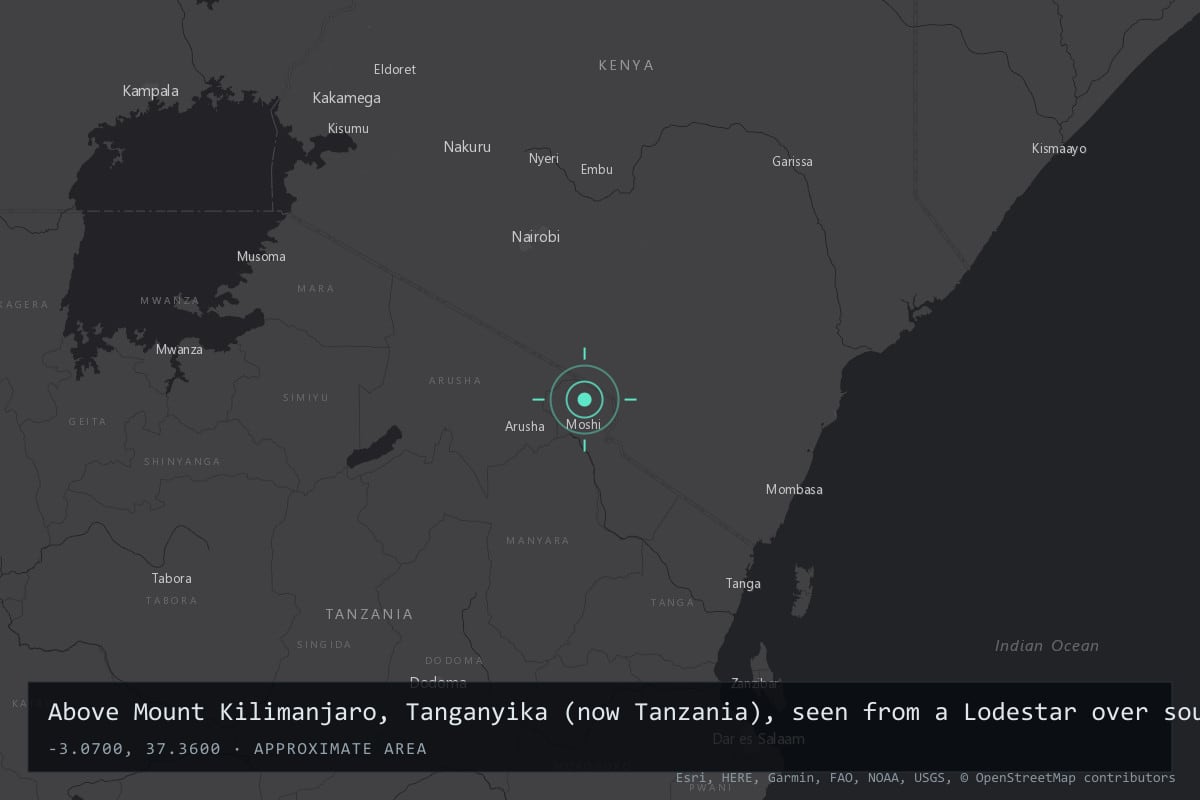 Where it happened: Above Mount Kilimanjaro, Tanganyika (now Tanzania), seen from a Lodestar over southern Kenya, Tanzania