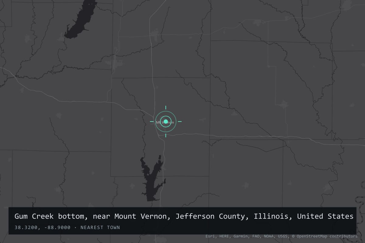 Where it happened: Gum Creek bottom, near Mount Vernon, Jefferson County, Illinois, United States