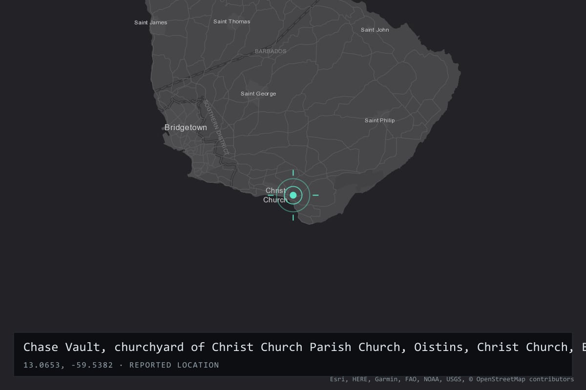Where it happened: Chase Vault, churchyard of Christ Church Parish Church, Oistins, Christ Church, Barbados