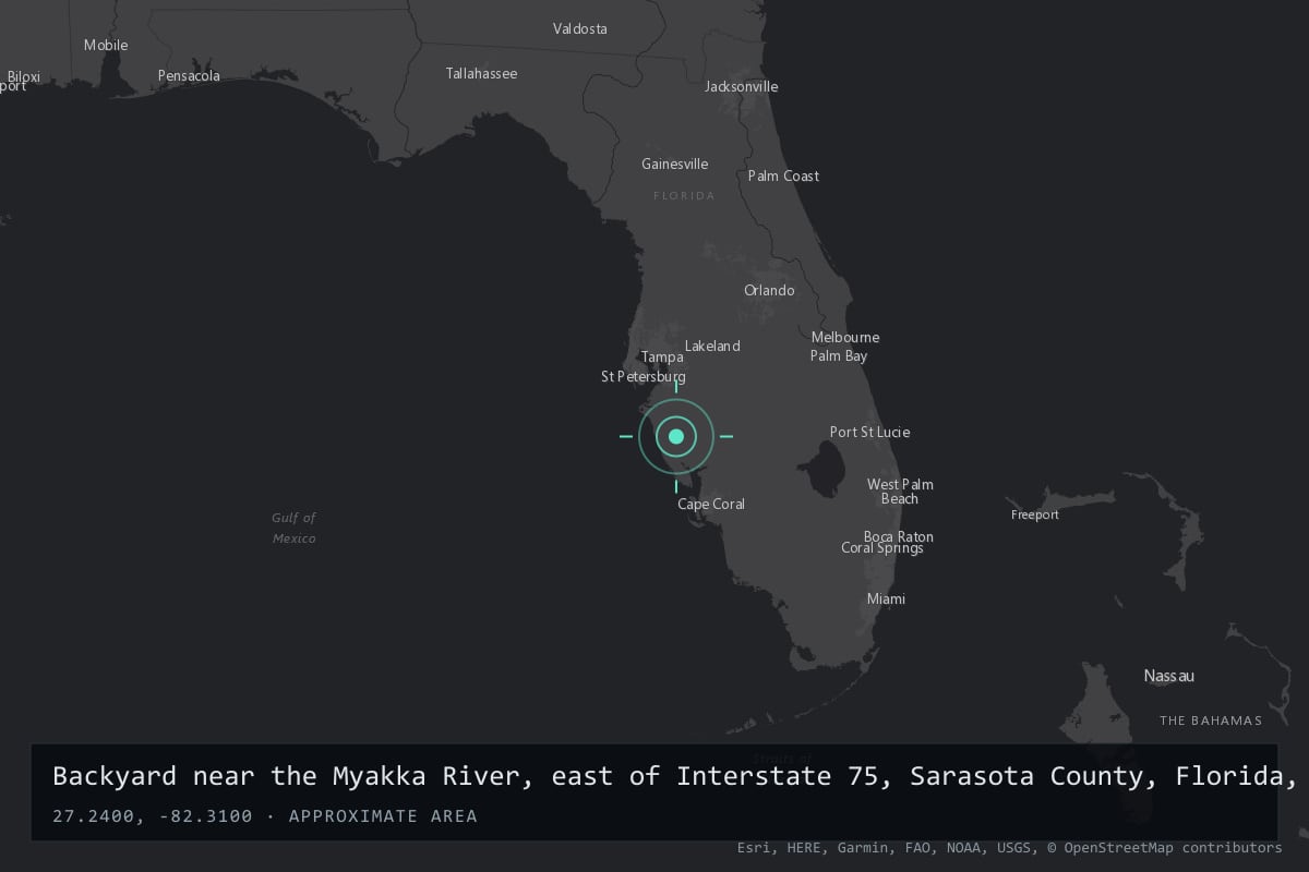 Where it happened: Backyard near the Myakka River, east of Interstate 75, Sarasota County, Florida, United States