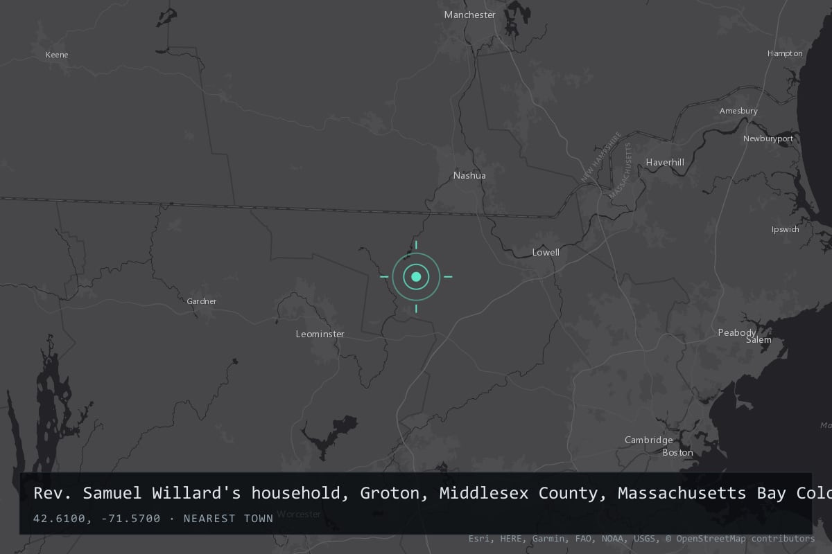 Where it happened: Rev. Samuel Willard's household, Groton, Middlesex County, Massachusetts Bay Colony, United States