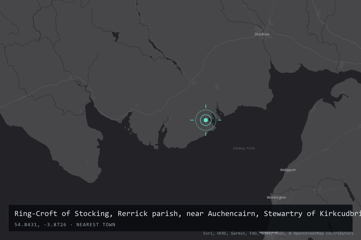 Where it happened: Ring-Croft of Stocking, Rerrick parish, near Auchencairn, Stewartry of Kirkcudbright, Galloway, United Kingdom (Scotland)