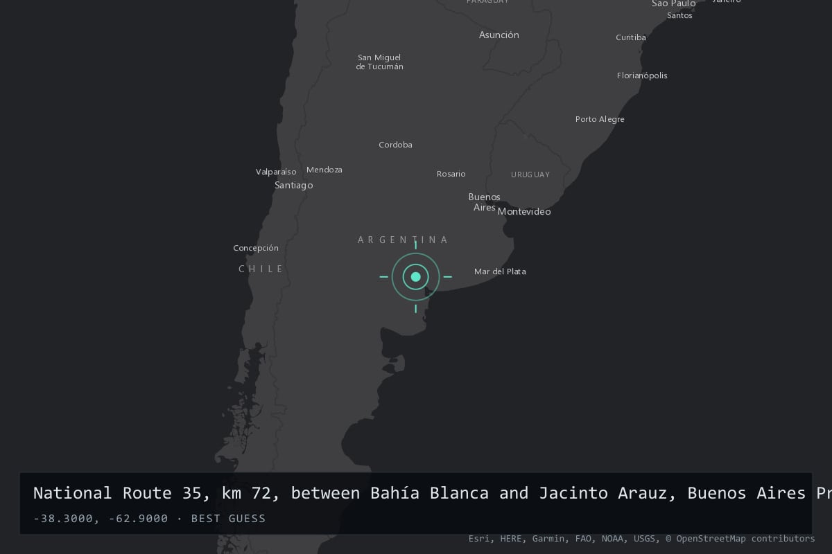 Where it happened: National Route 35, km 72, between Bahía Blanca and Jacinto Arauz, Buenos Aires Province, Argentina