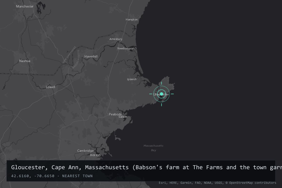 Where it happened: Gloucester, Cape Ann, Massachusetts (Babson's farm at The Farms and the town garrison house), United States