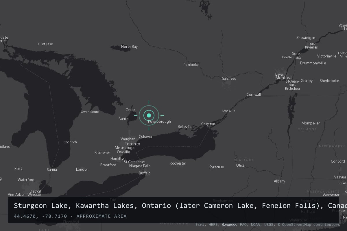 Where it happened: Sturgeon Lake, Kawartha Lakes, Ontario (later Cameron Lake, Fenelon Falls), Canada