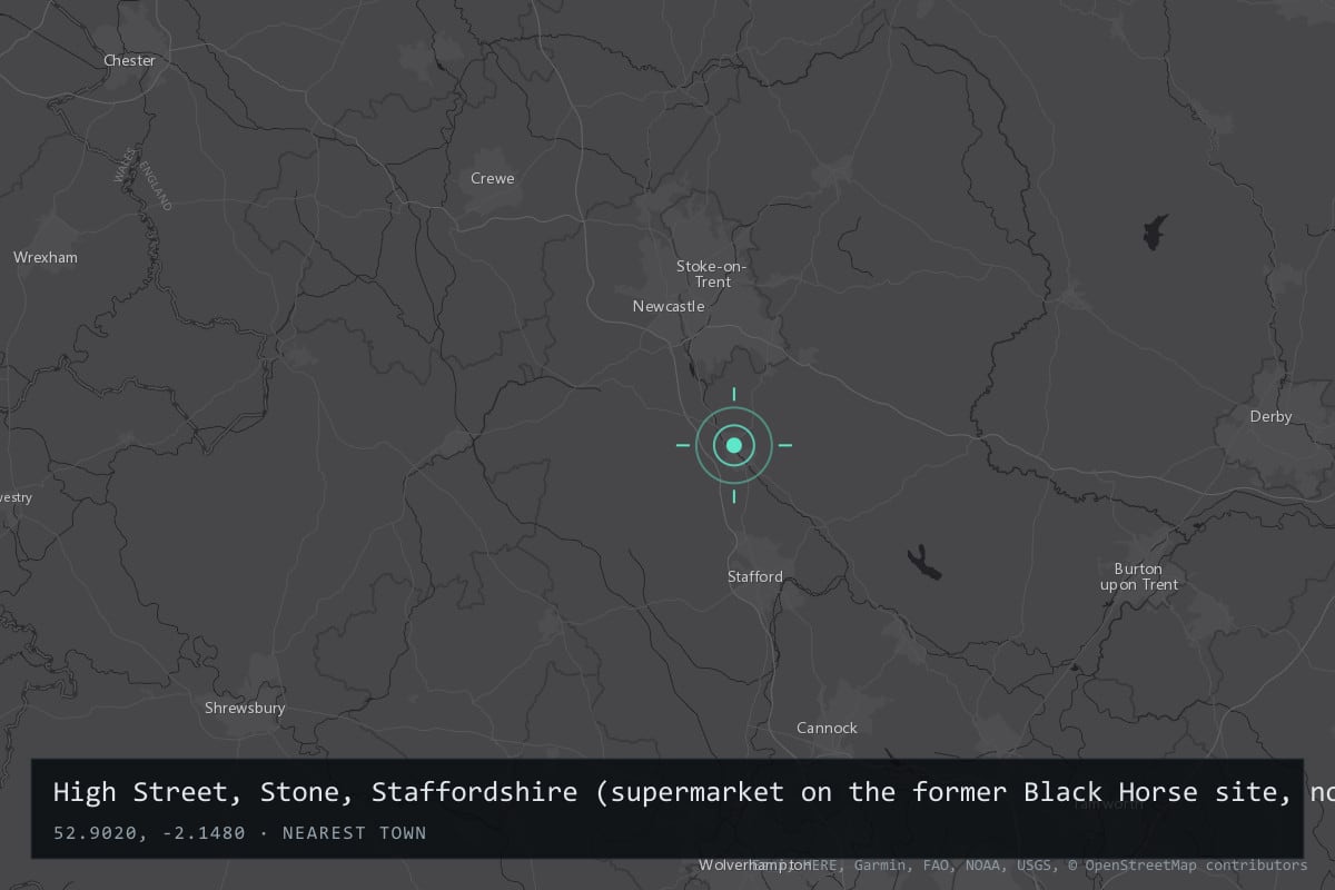 Where it happened: High Street, Stone, Staffordshire (supermarket on the former Black Horse site, now Costa Coffee, 55 High Street), United Kingdom