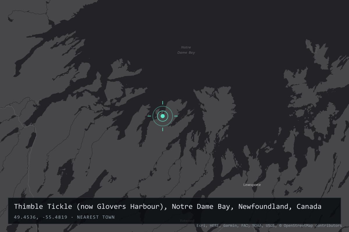 Where it happened: Thimble Tickle (now Glovers Harbour), Notre Dame Bay, Newfoundland, Canada